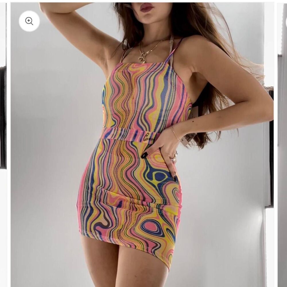 NWT GSUWOO Colorful Mesh Psychedelic Print Mini Dress Sz S